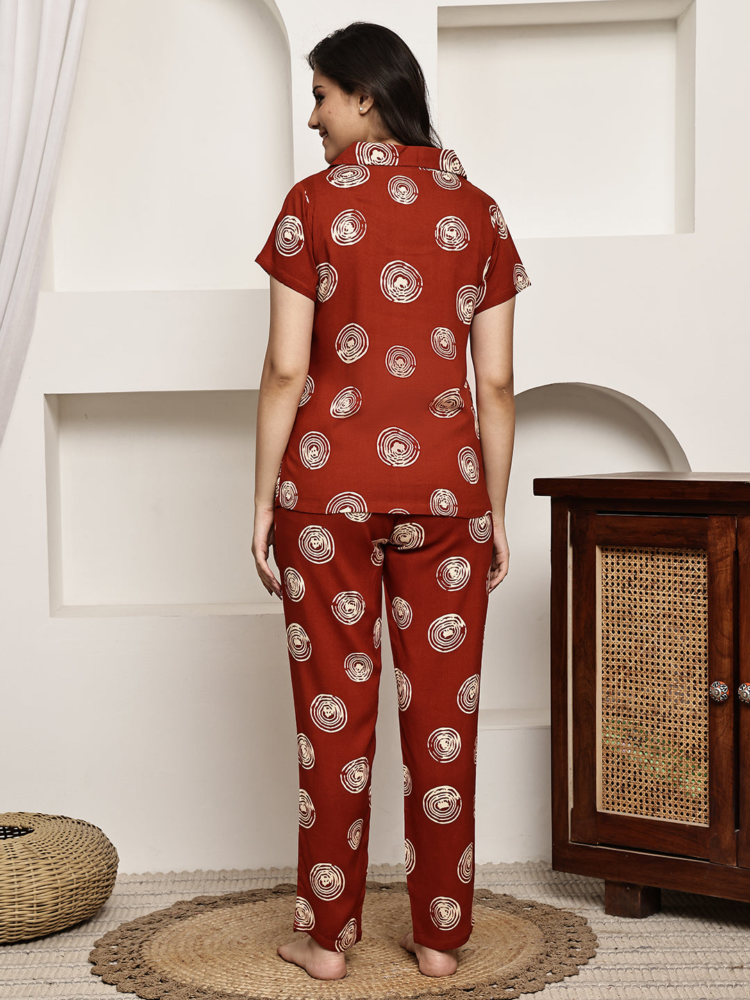Rust Colour Geometric Printed Viscose Rayon Night Suit