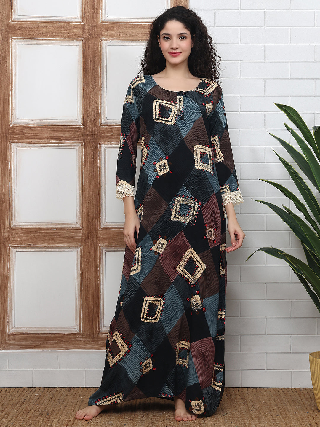 Black Abstract Printed Viscose Rayon Nighty For Women | Claura