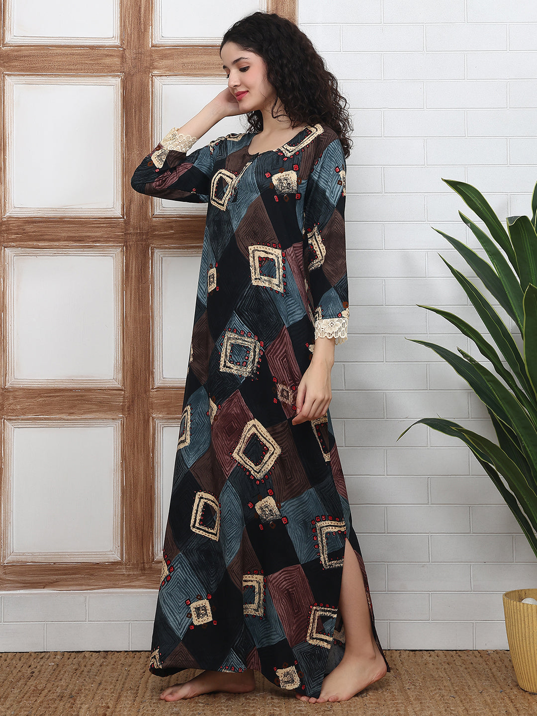 Black Abstract Printed Viscose Rayon Nighty For Women | Claura