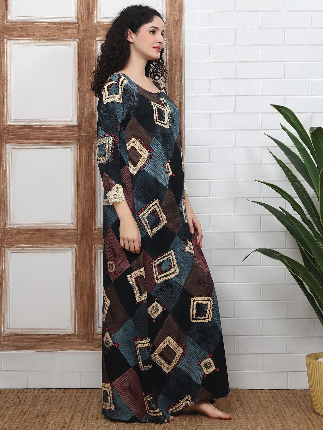 Black Abstract Printed Viscose Rayon Nighty For Women | Claura
