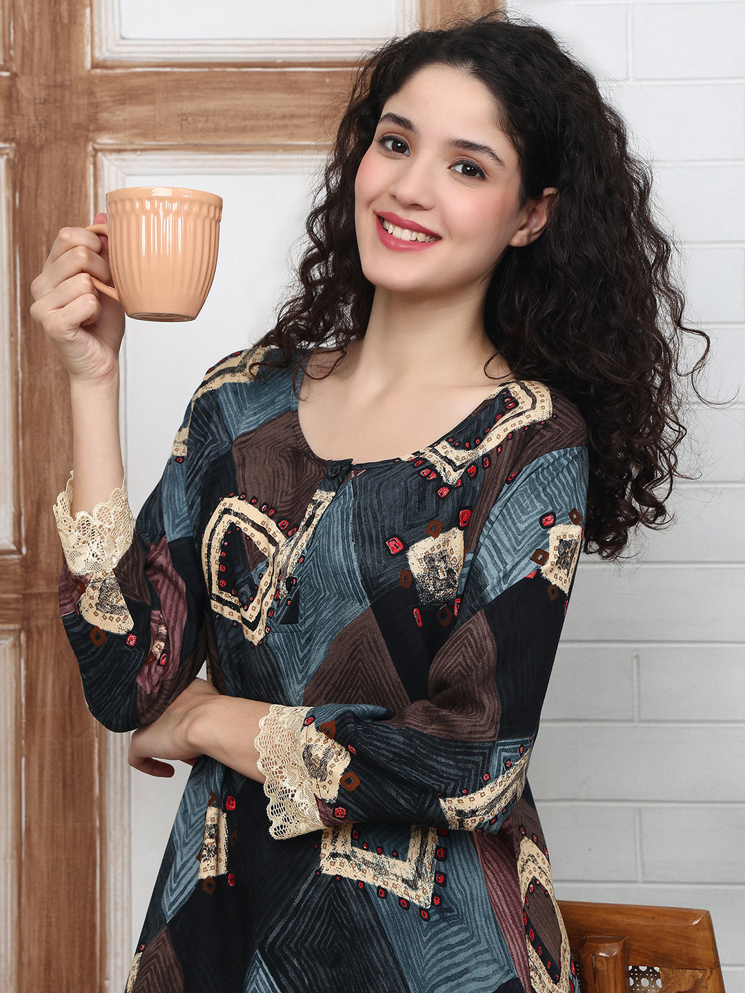 Black Abstract Printed Viscose Rayon Nighty For Women | Claura