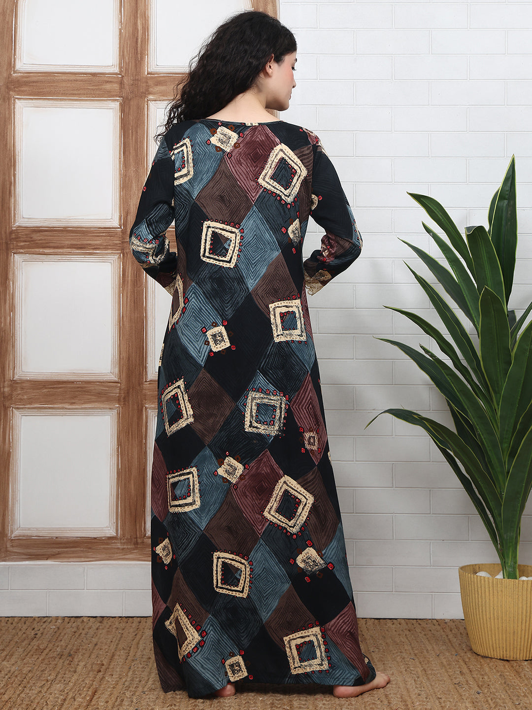 Black Abstract Printed Viscose Rayon Nighty For Women | Claura