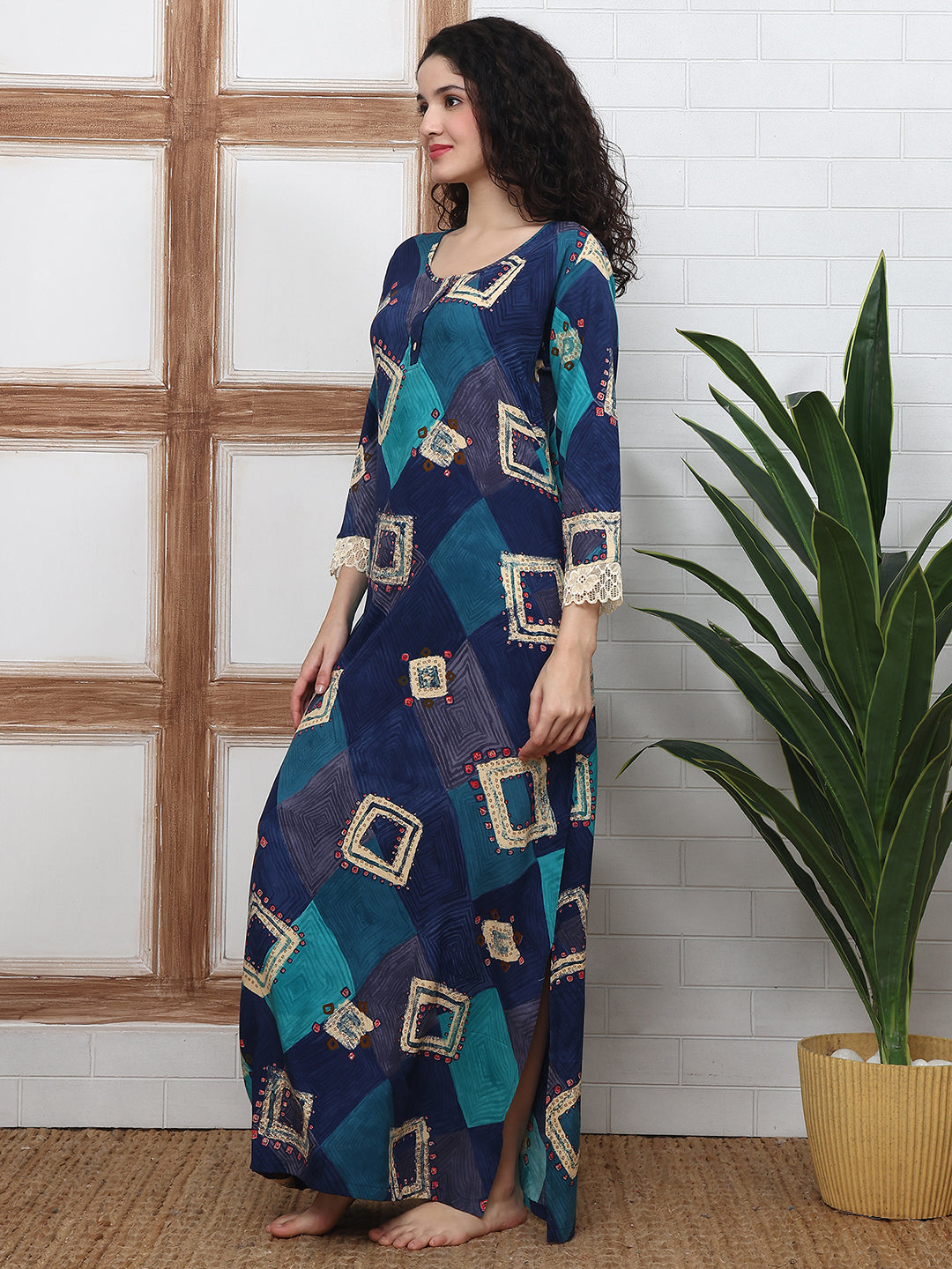 Blue Abstract Printed Viscose Rayon Nighty For Women | Claura