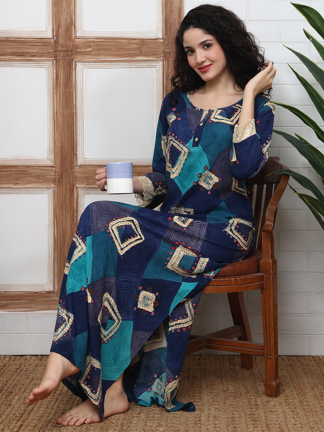 Blue Abstract Printed Viscose Rayon Nighty For Women | Claura