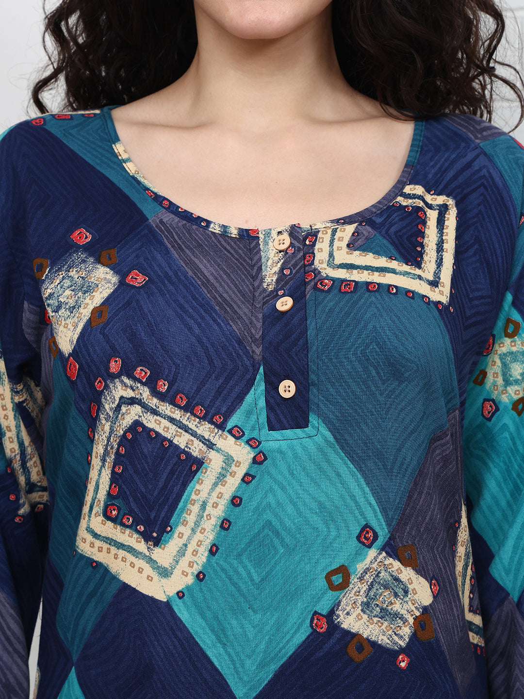 Blue Abstract Printed Viscose Rayon Nighty For Women | Claura