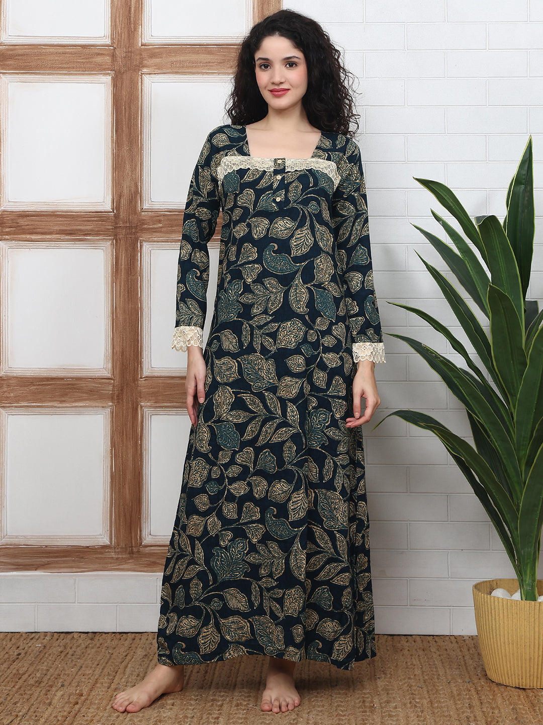 Comfortable Navy Abstract Printed Viscose Rayon Nighty | Claura