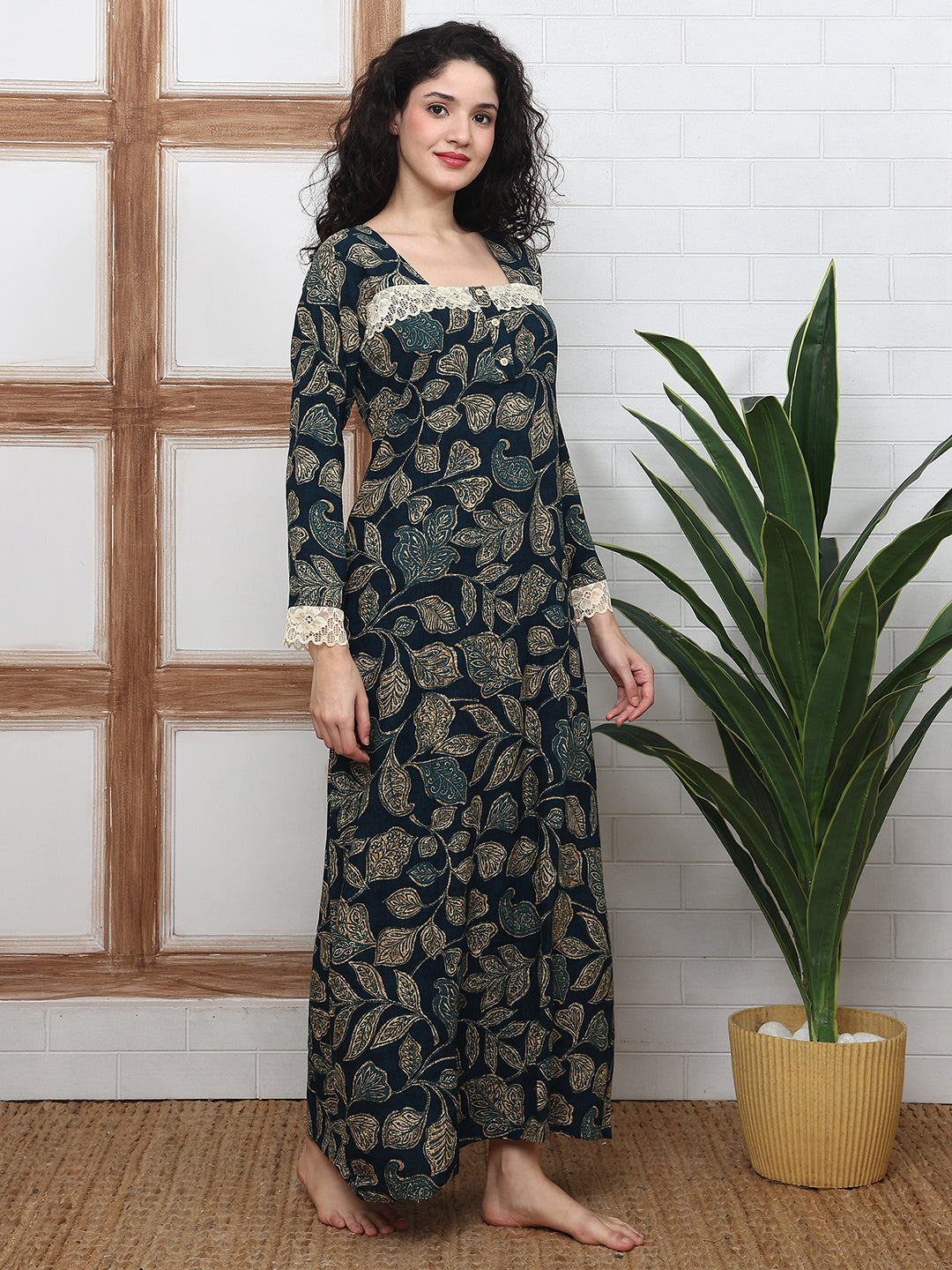 Navy Abstract Printed Viscose Rayon Nighty For Women | Claura