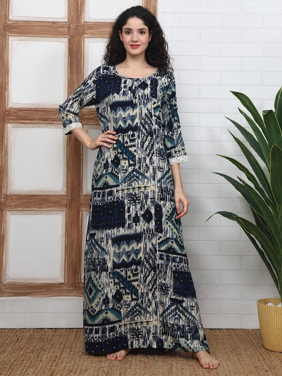 Navy Blue Abstract Printed Viscose Rayon Nighty For Women | Claura
