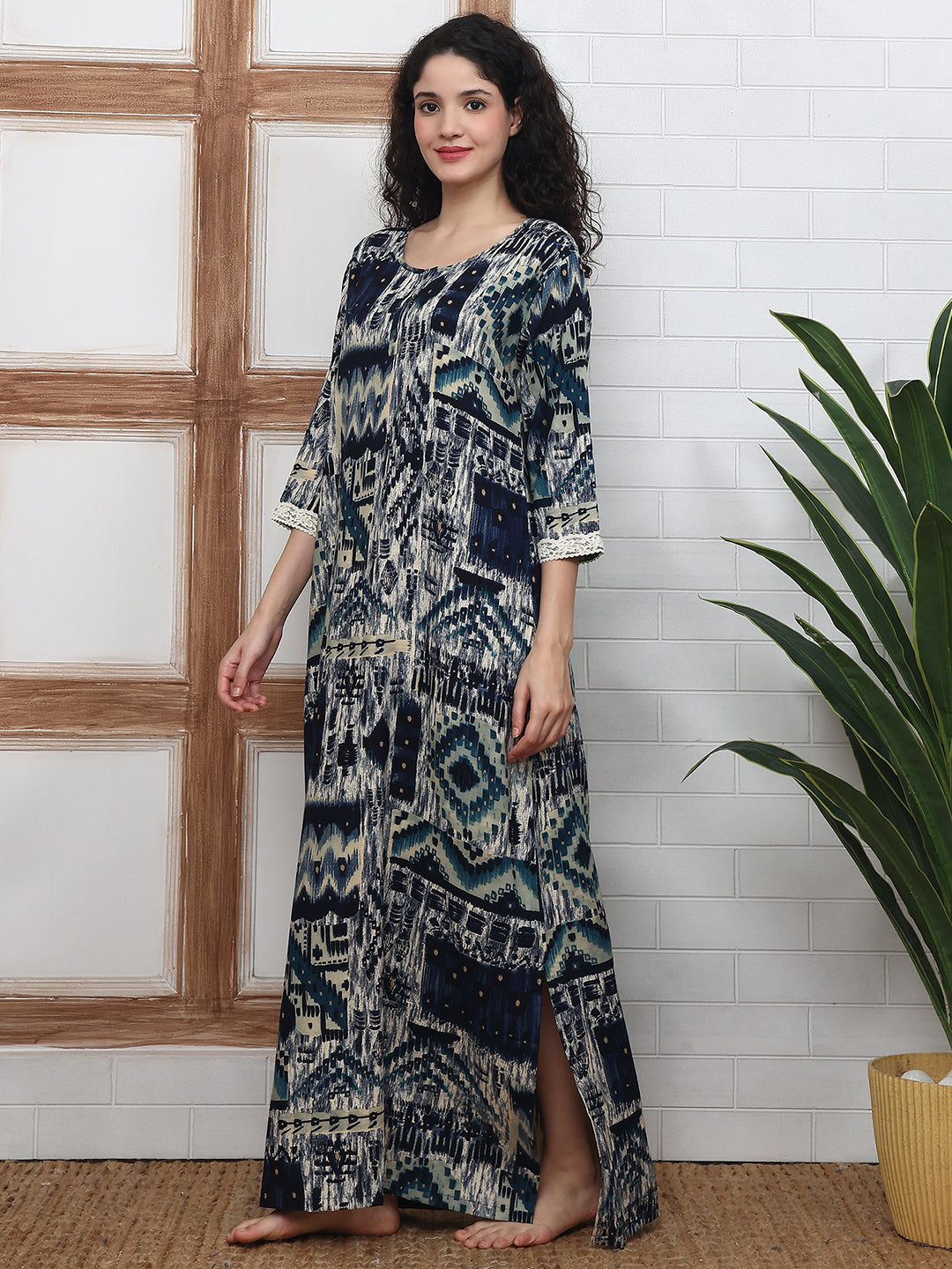 Navy Blue Abstract Printed Viscose Rayon Nighty For Women | Claura