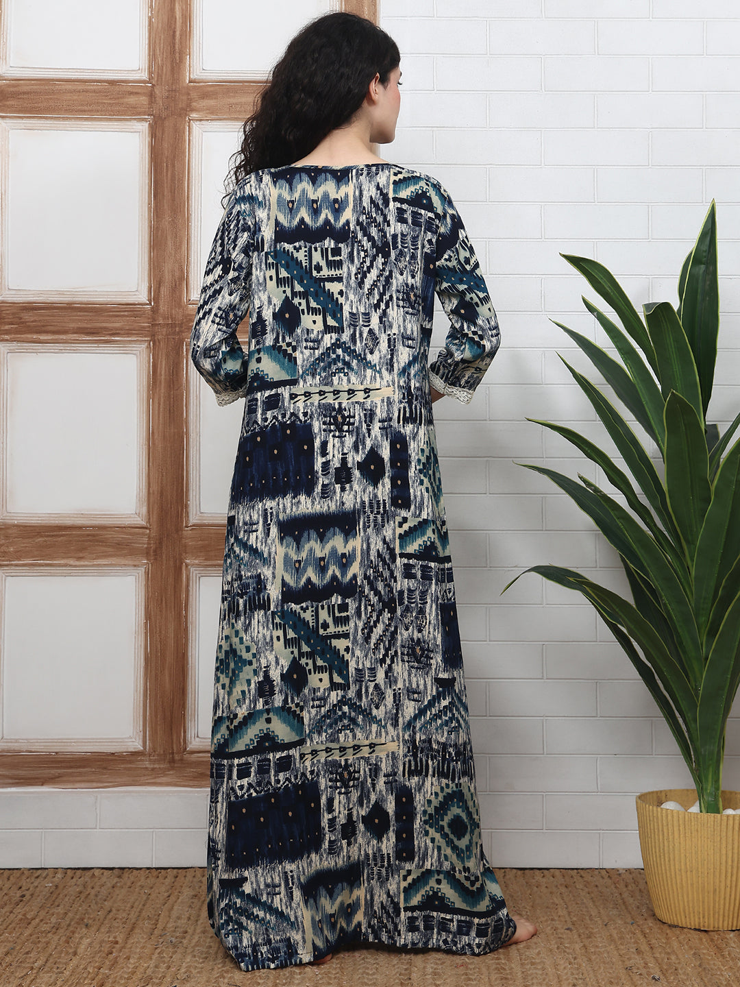 Navy Blue Abstract Printed Viscose Rayon Nighty For Women | Claura