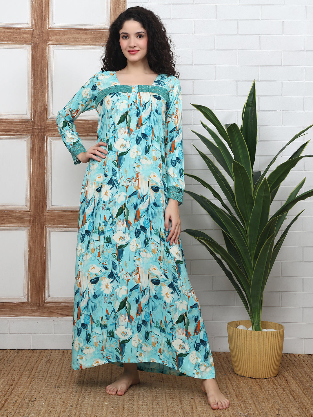 Blue Floral Printed Viscose Rayon Nighty For Women | Claura