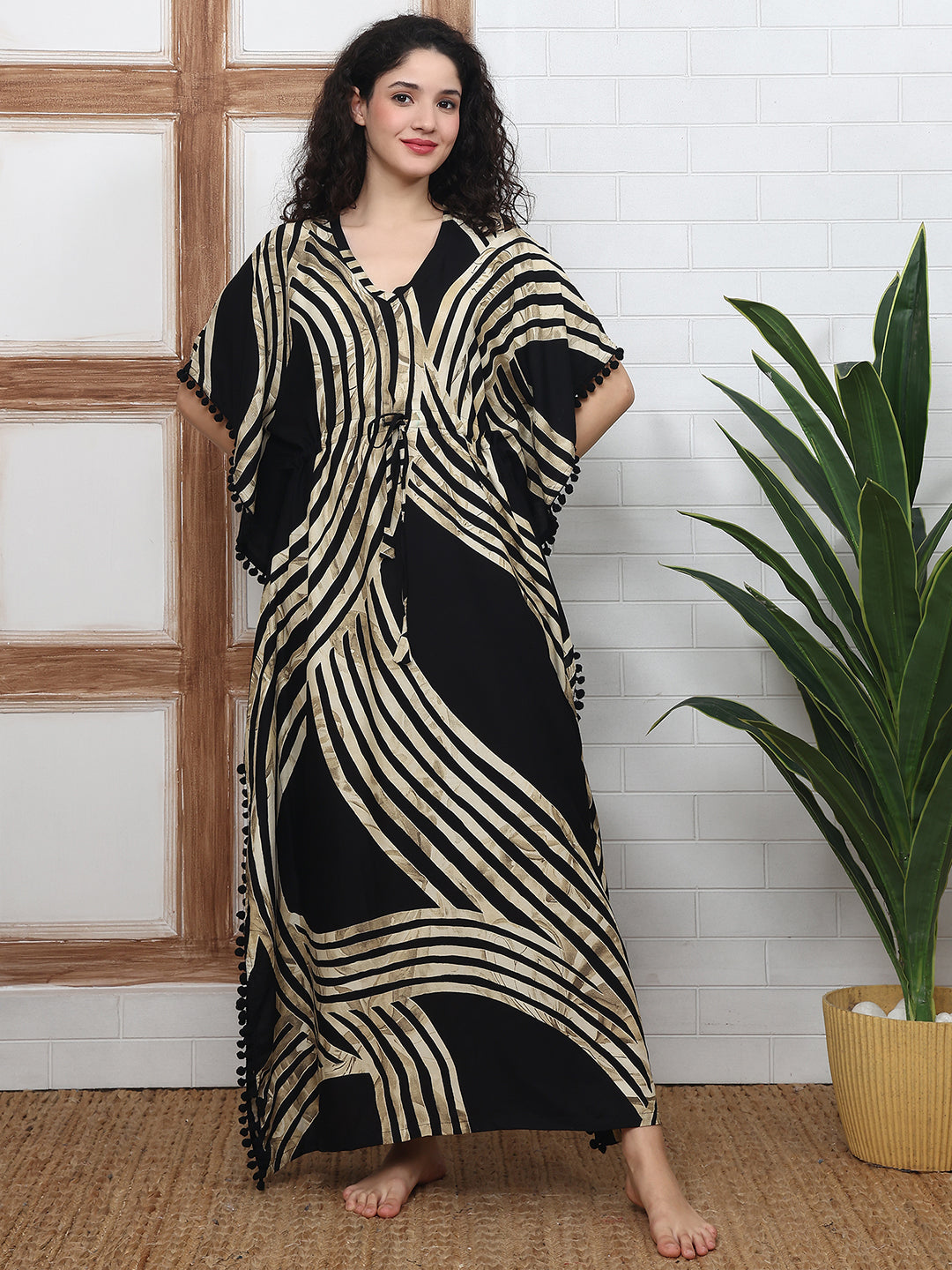 Black Abstract Printed Viscose Rayon Kaftan Dress | Claura