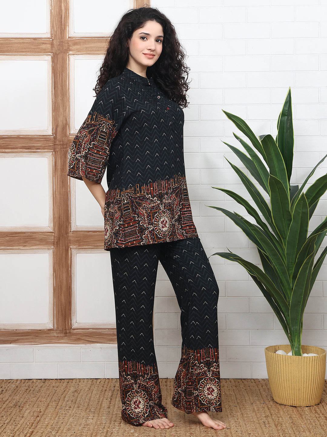 Black Co-Ord Set with 3/4 sleeve top and matching printed trousers