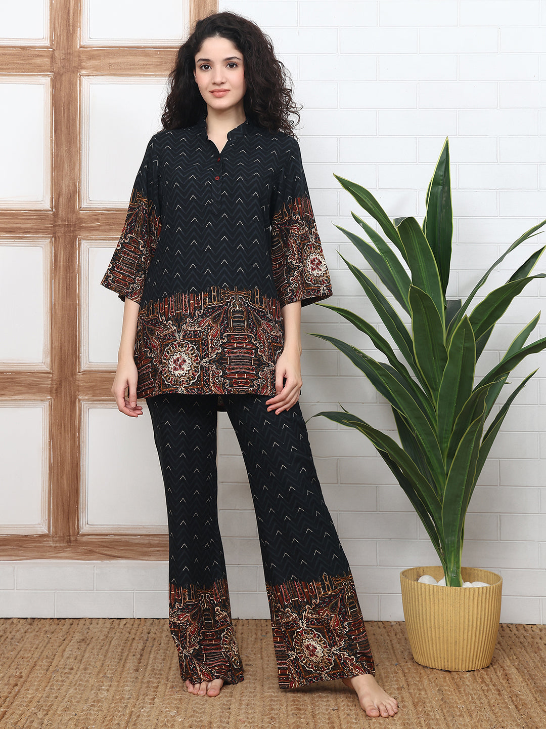 Black Viscose Rayon Abstract Printed Co-ord Set for Women | Claura