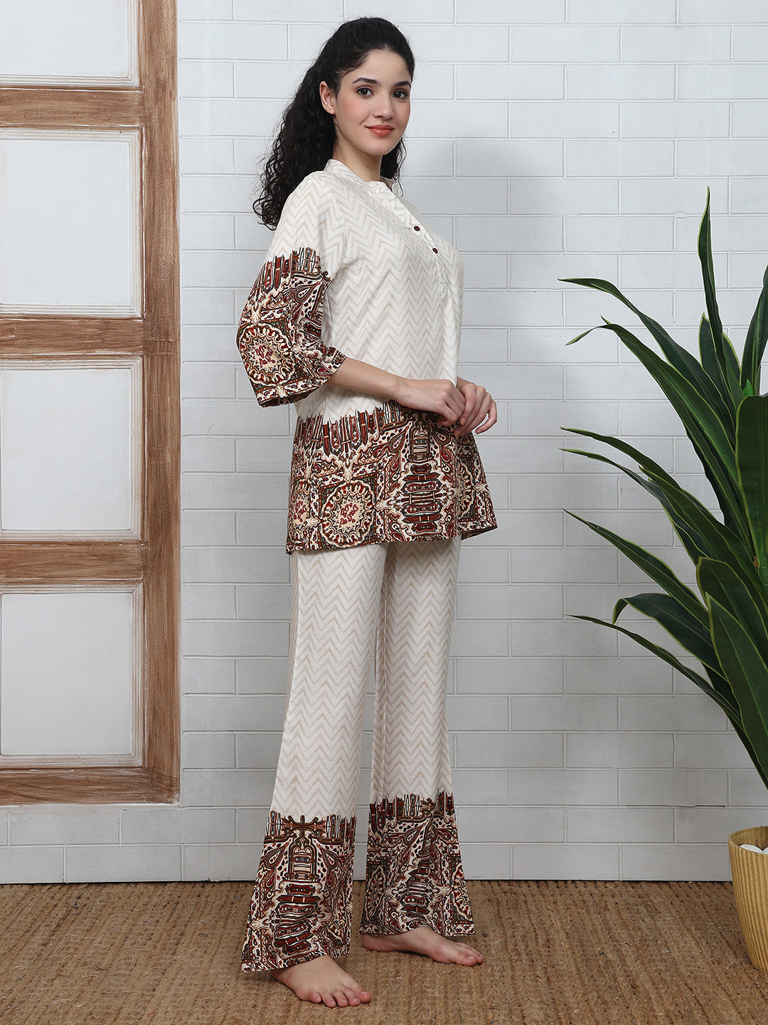 Lifestyle shot of abstract printed night suit for women