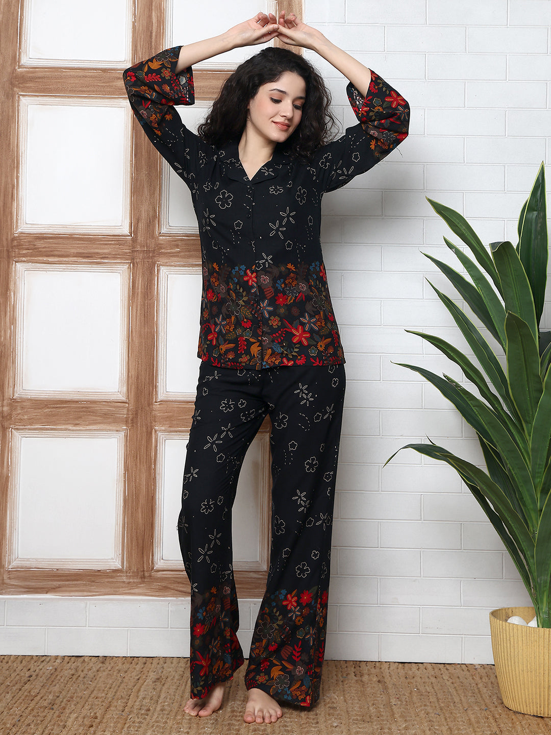 Black Rayon Night Suit with half sleeves and floral print
