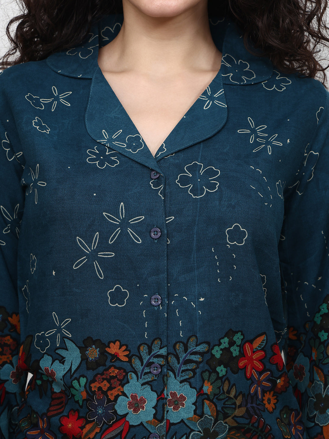 Teal Blue Viscose Rayon Floral Printed Night Suit for Women | Claura