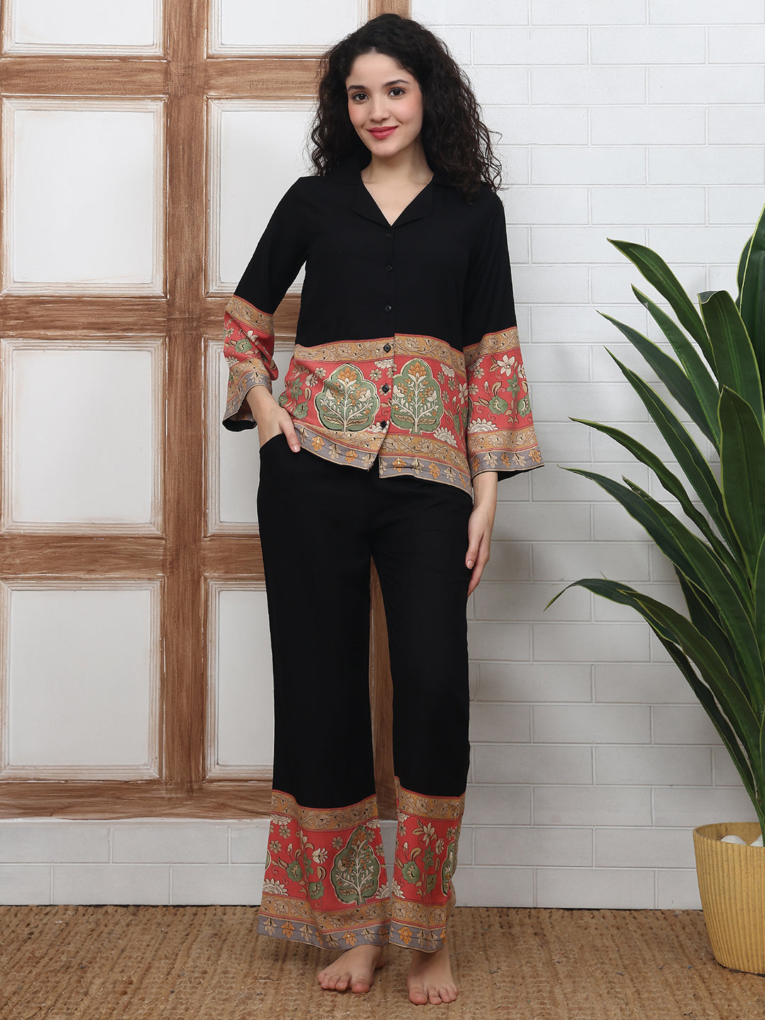 Black Viscose Rayon Floral Printed Night Suit for Women | Claura