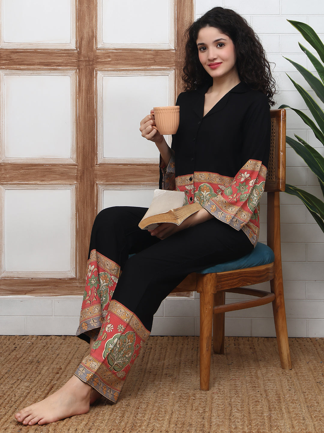 Black Viscose Rayon Floral Printed Night Suit for Women | Claura