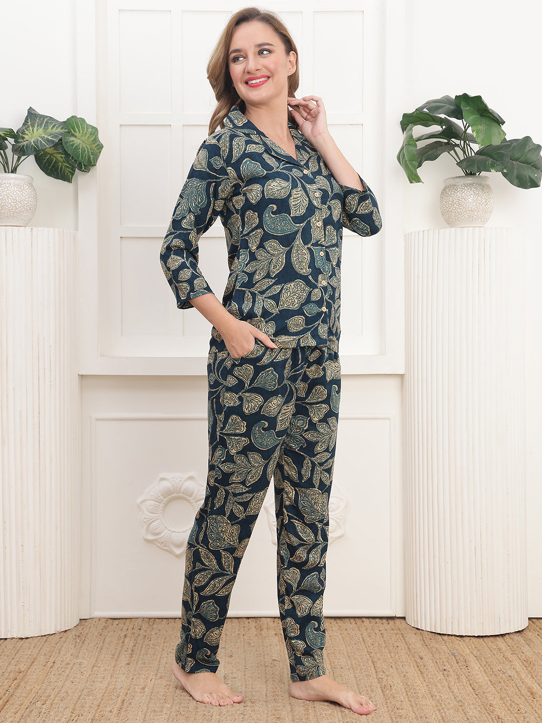 Navy Colour Abstract Printed Viscose Rayon Night Suit