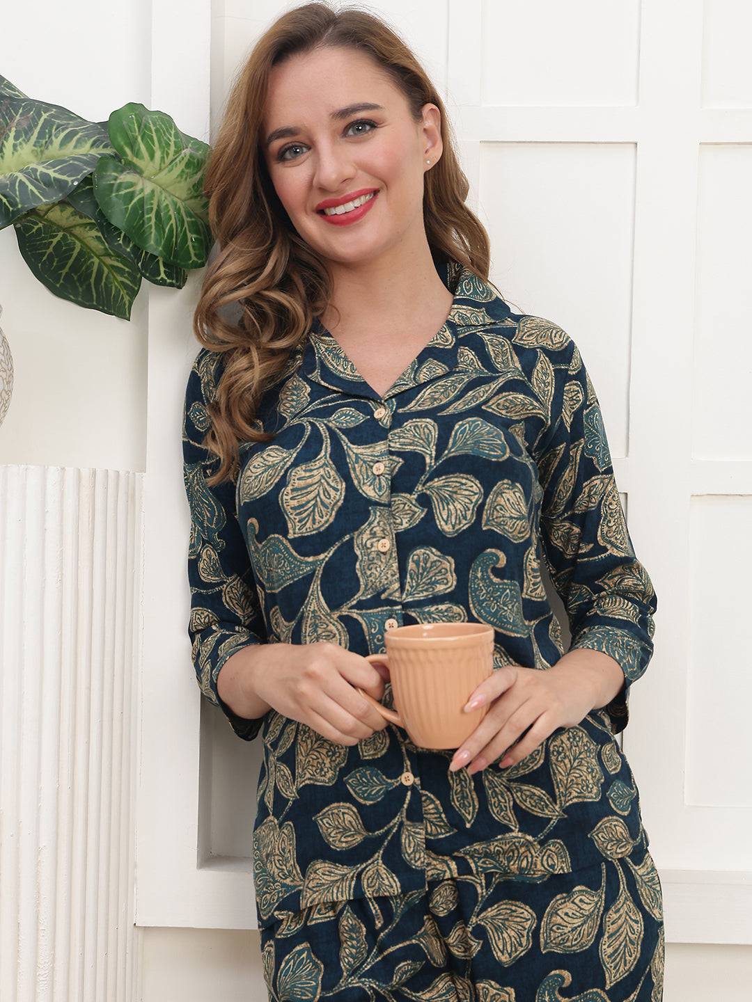 Navy Colour Abstract Printed Viscose Rayon Night Suit