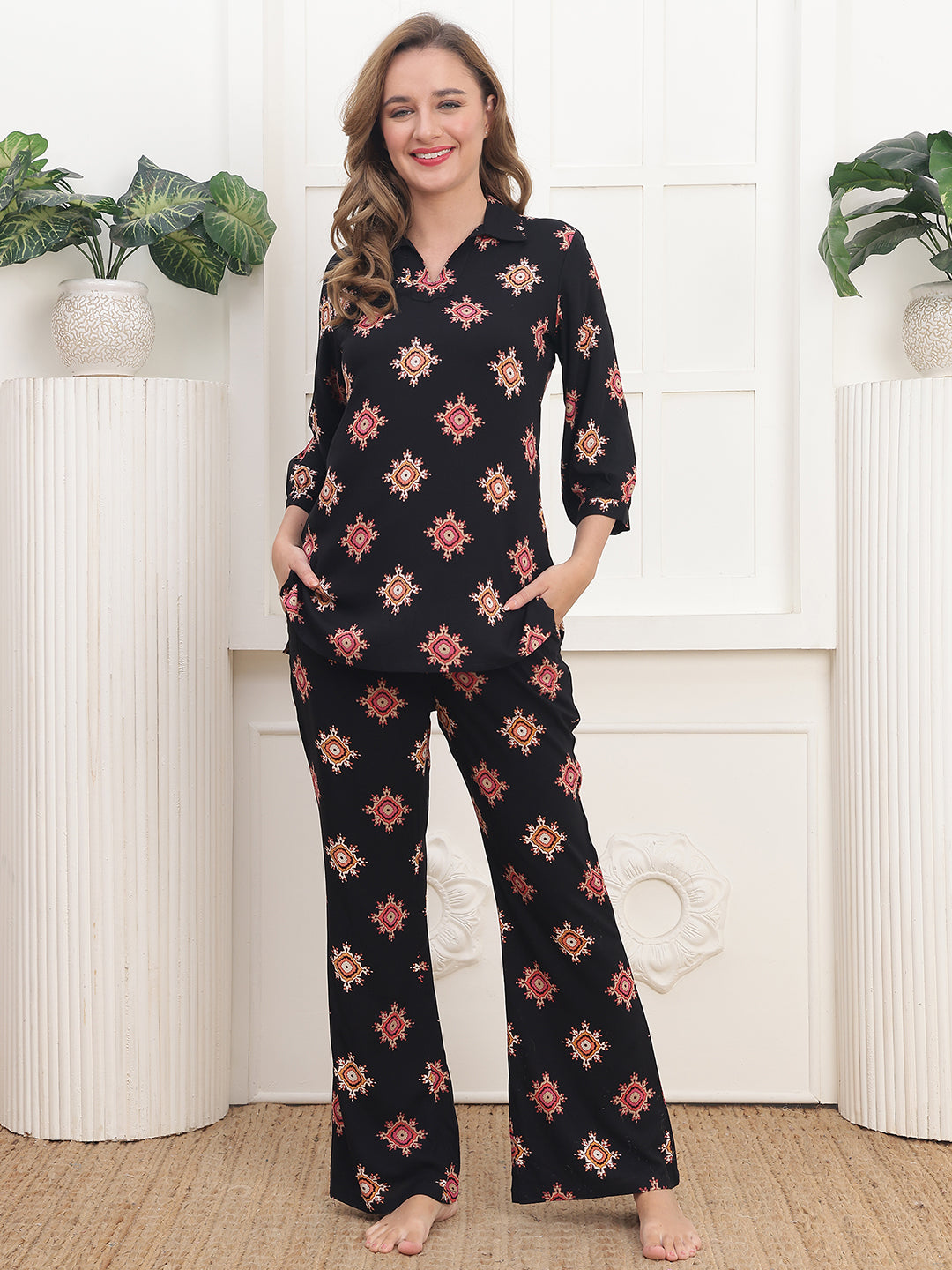 Black Viscose Rayon Abstract Printed Night Suit for Women | Claura