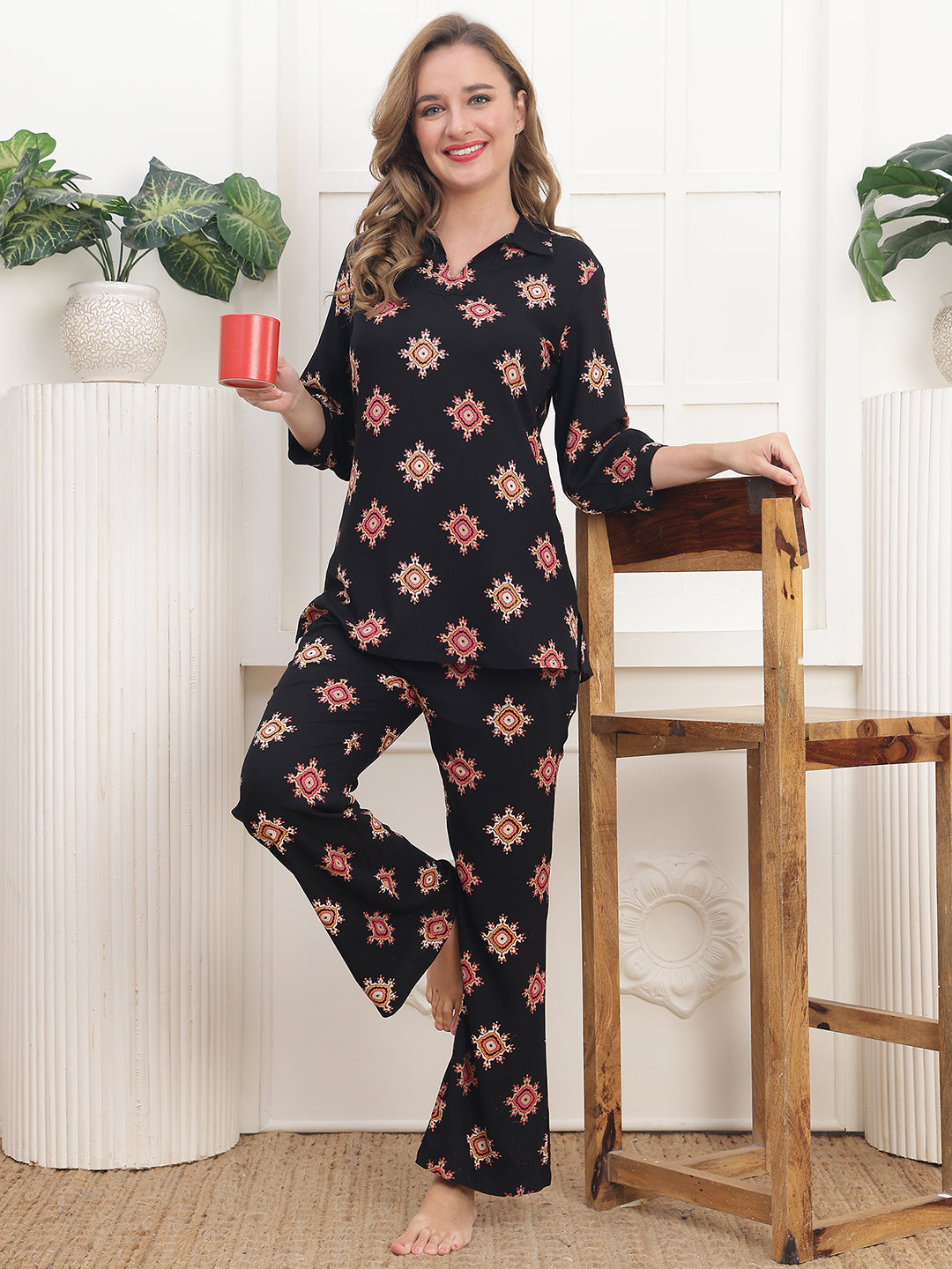 Black Viscose Rayon Abstract Printed Night Suit for Women | Claura