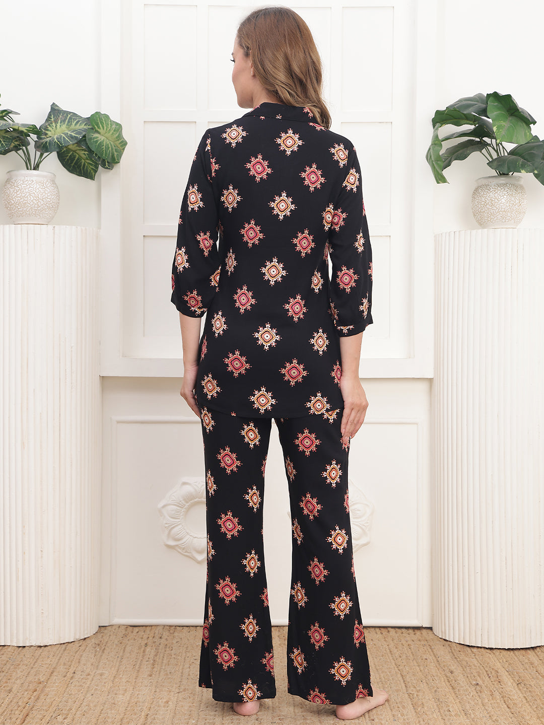 Black Viscose Rayon Abstract Printed Night Suit for Women | Claura