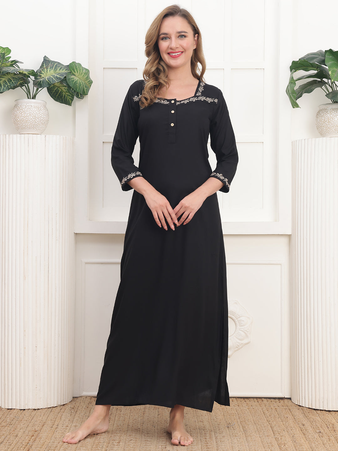 Embroidered Black Viscose Rayon Nighty For Women | Claura