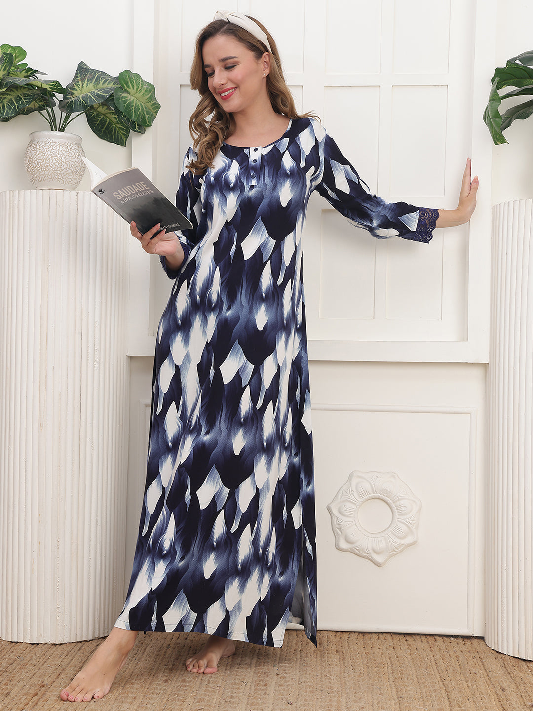 Navy Abstract Printed Viscose Rayon Nighty For Women | Claura