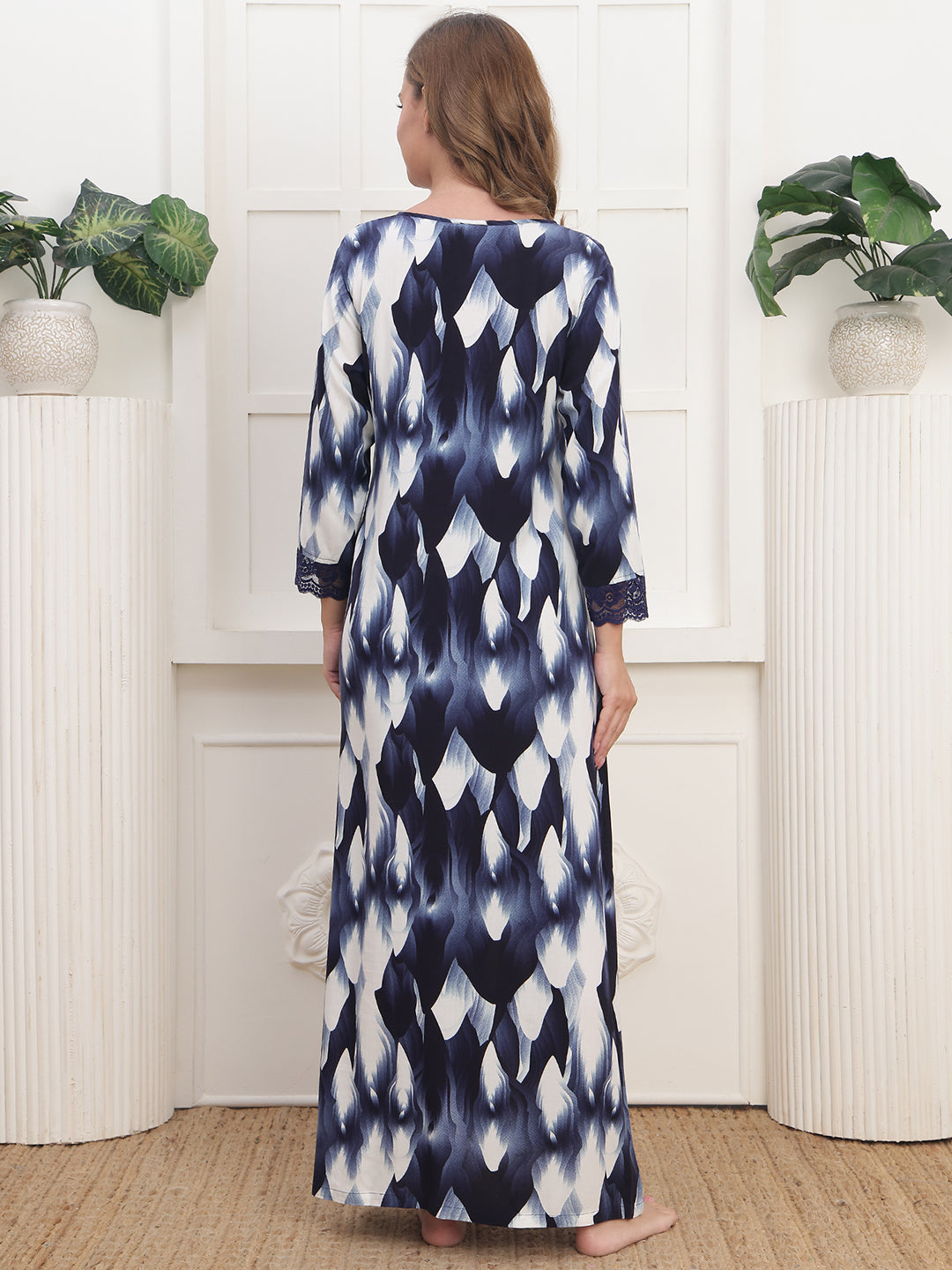 Navy Abstract Printed Viscose Rayon Nighty For Women | Claura