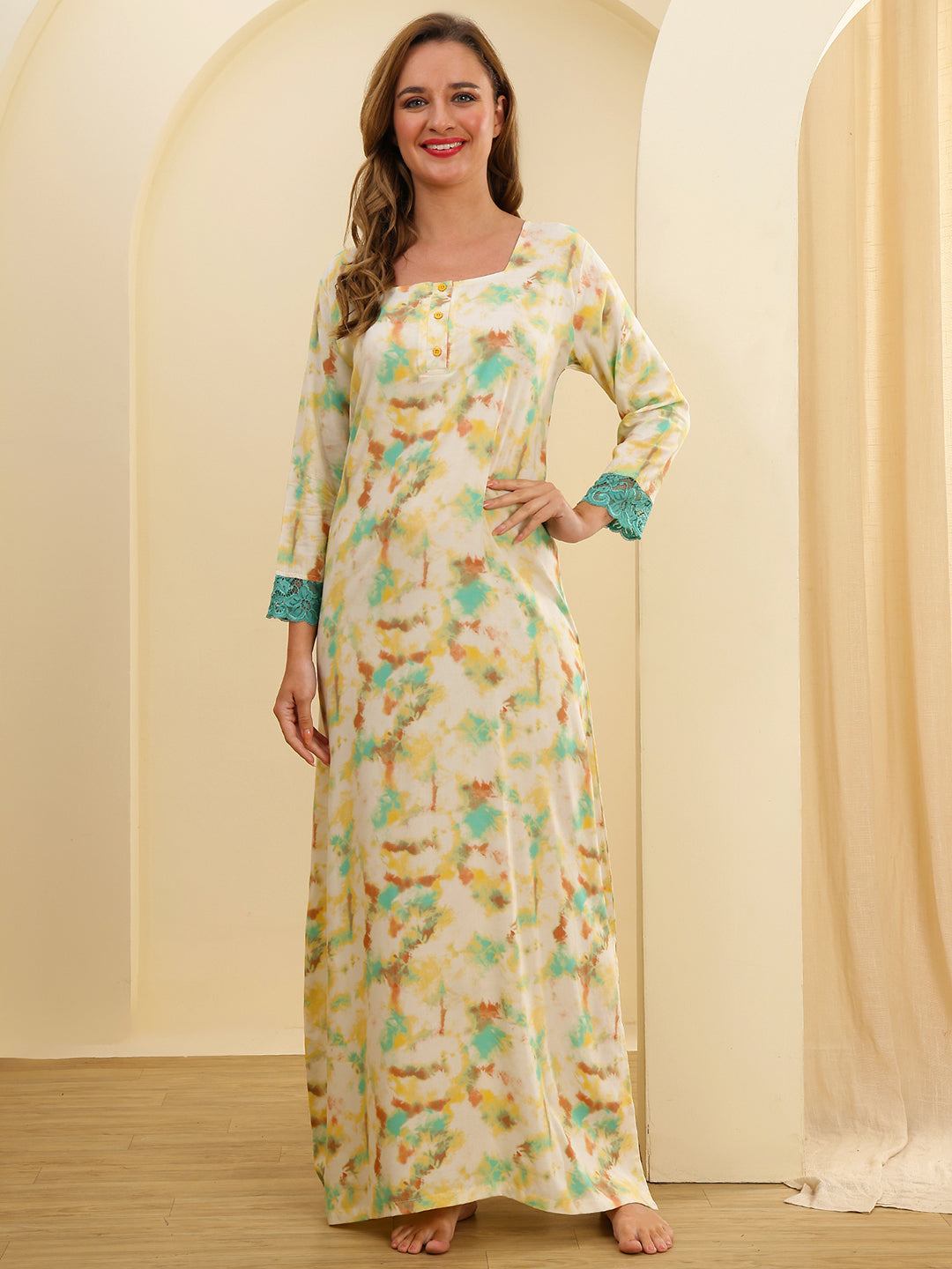 Yellow Colour Floral Printed Viscose Rayon Nighty For Women