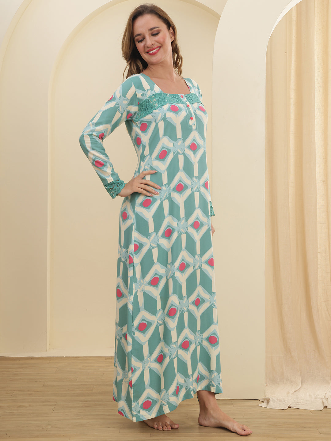 Green Abstract Printed Viscose Rayon Nighty For Women | Claura