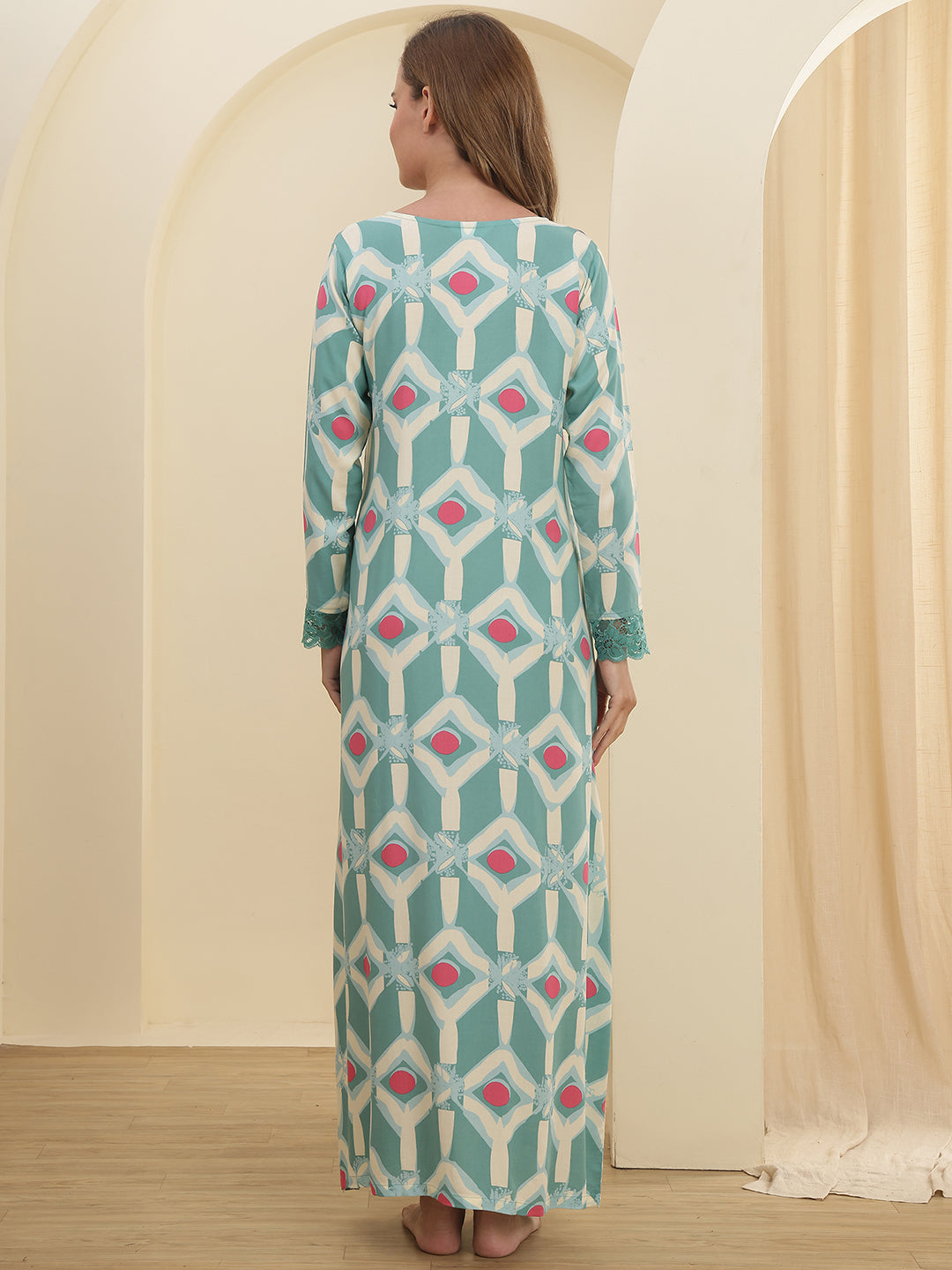 Green Abstract Printed Viscose Rayon Nighty For Women | Claura