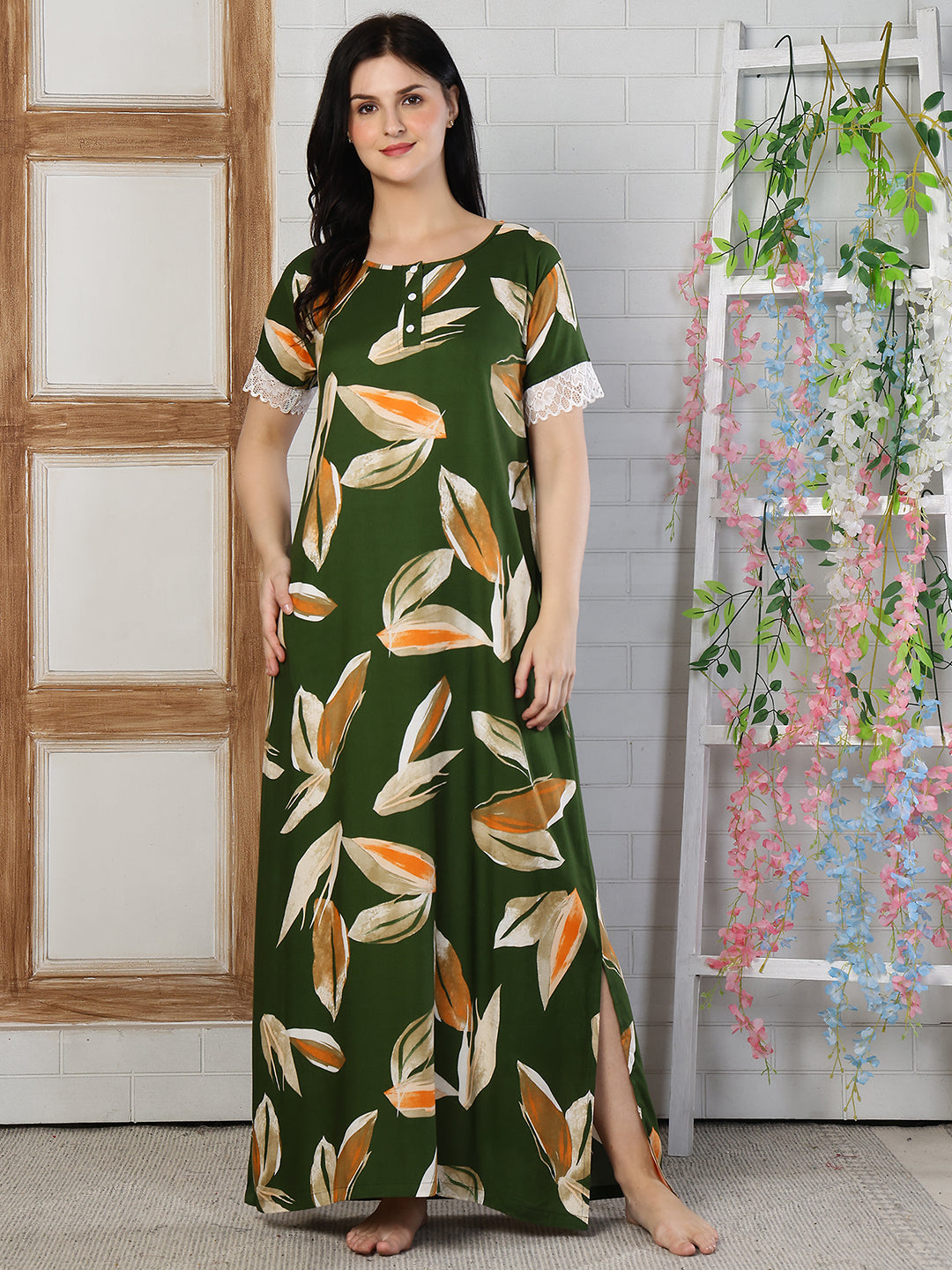 Green Color Abstract Printed Viscose Rayon Nighty | Claura