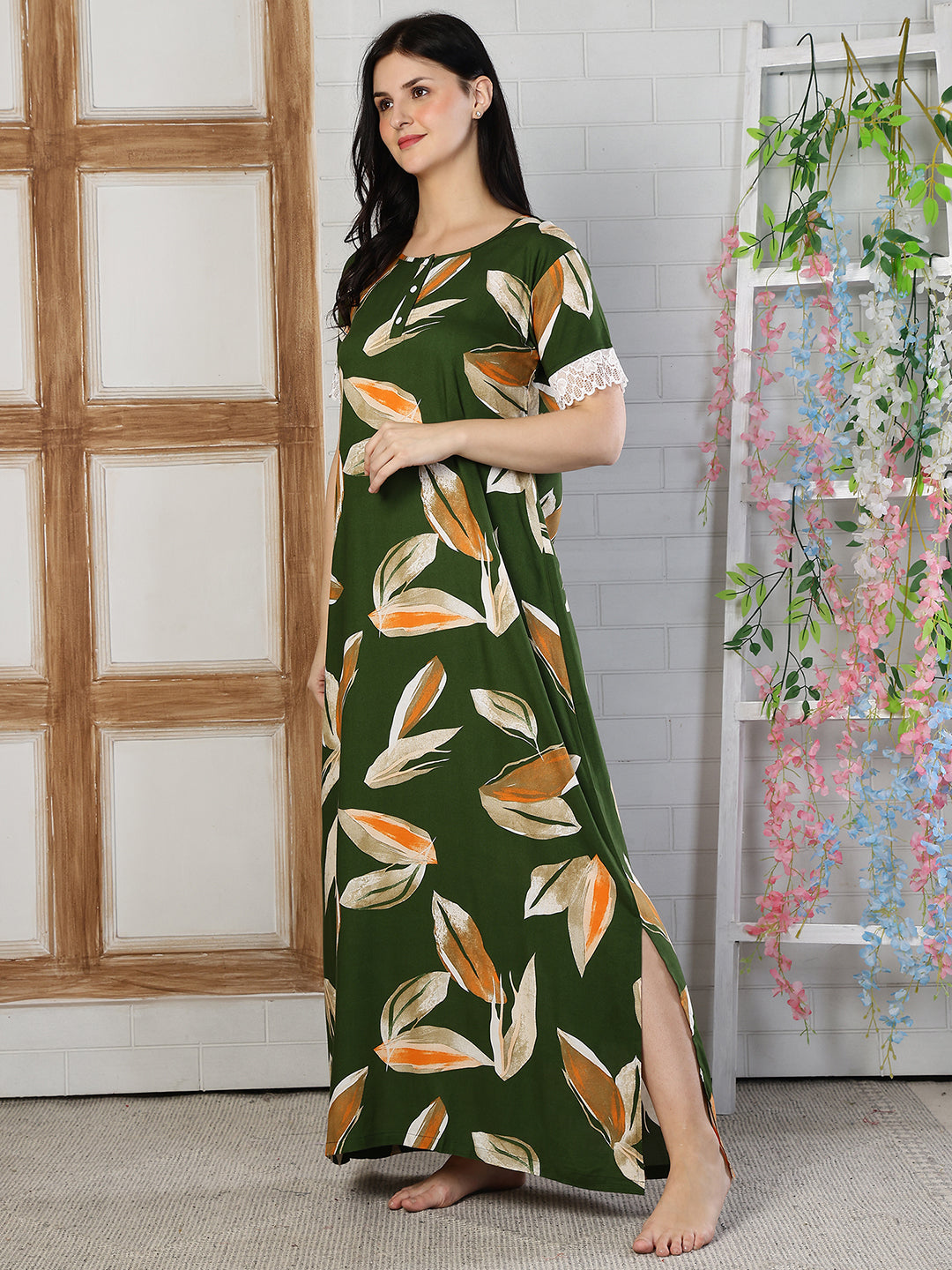 Green Color Abstract Printed Viscose Rayon Nighty | Claura