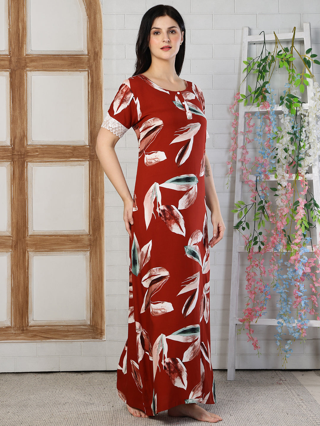 Red Color Abstract Printed Viscose Rayon Nighty | Claura