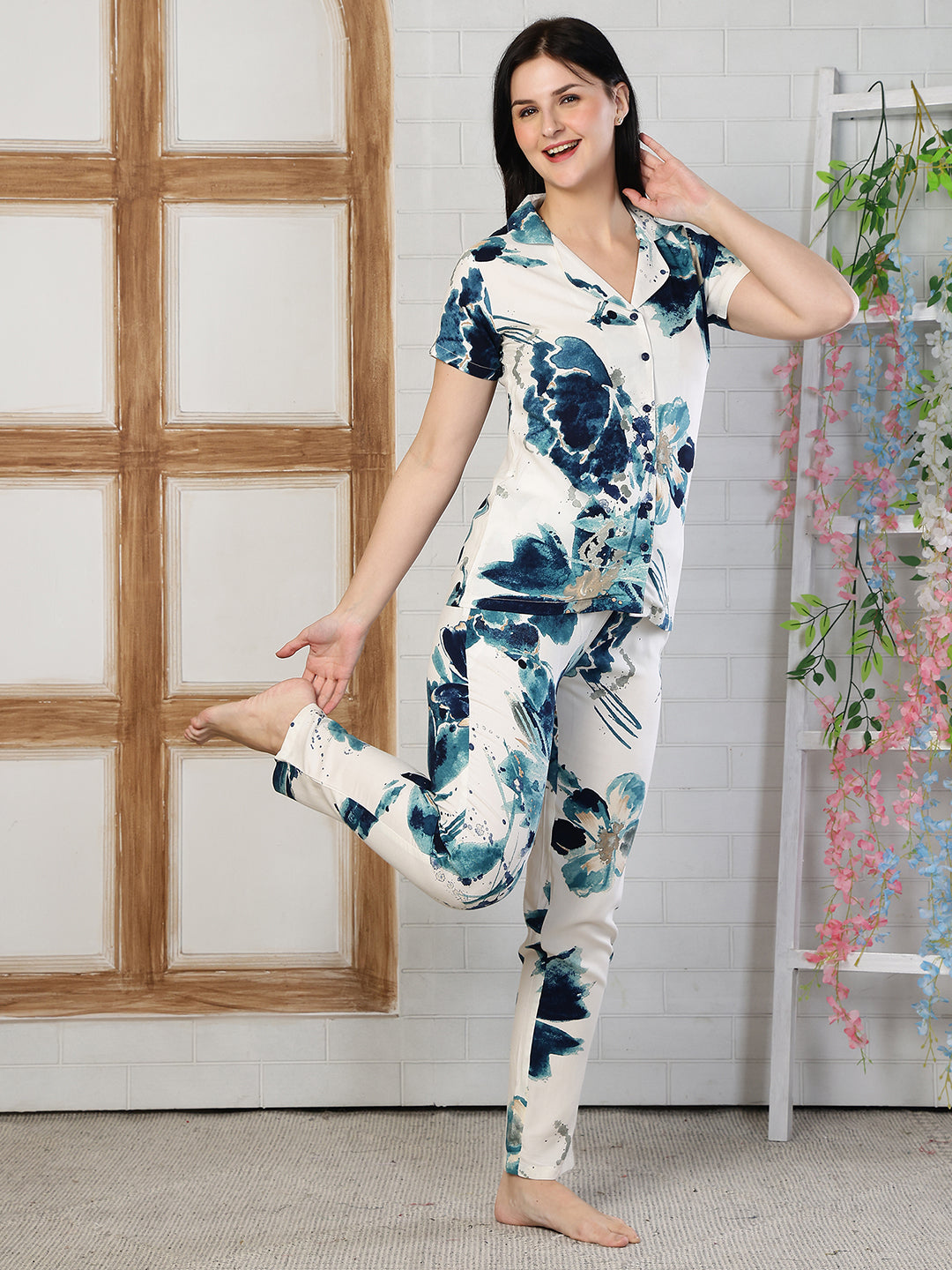 Blue Floral Printed Viscose Rayon Night Suit Set for Women | Claura