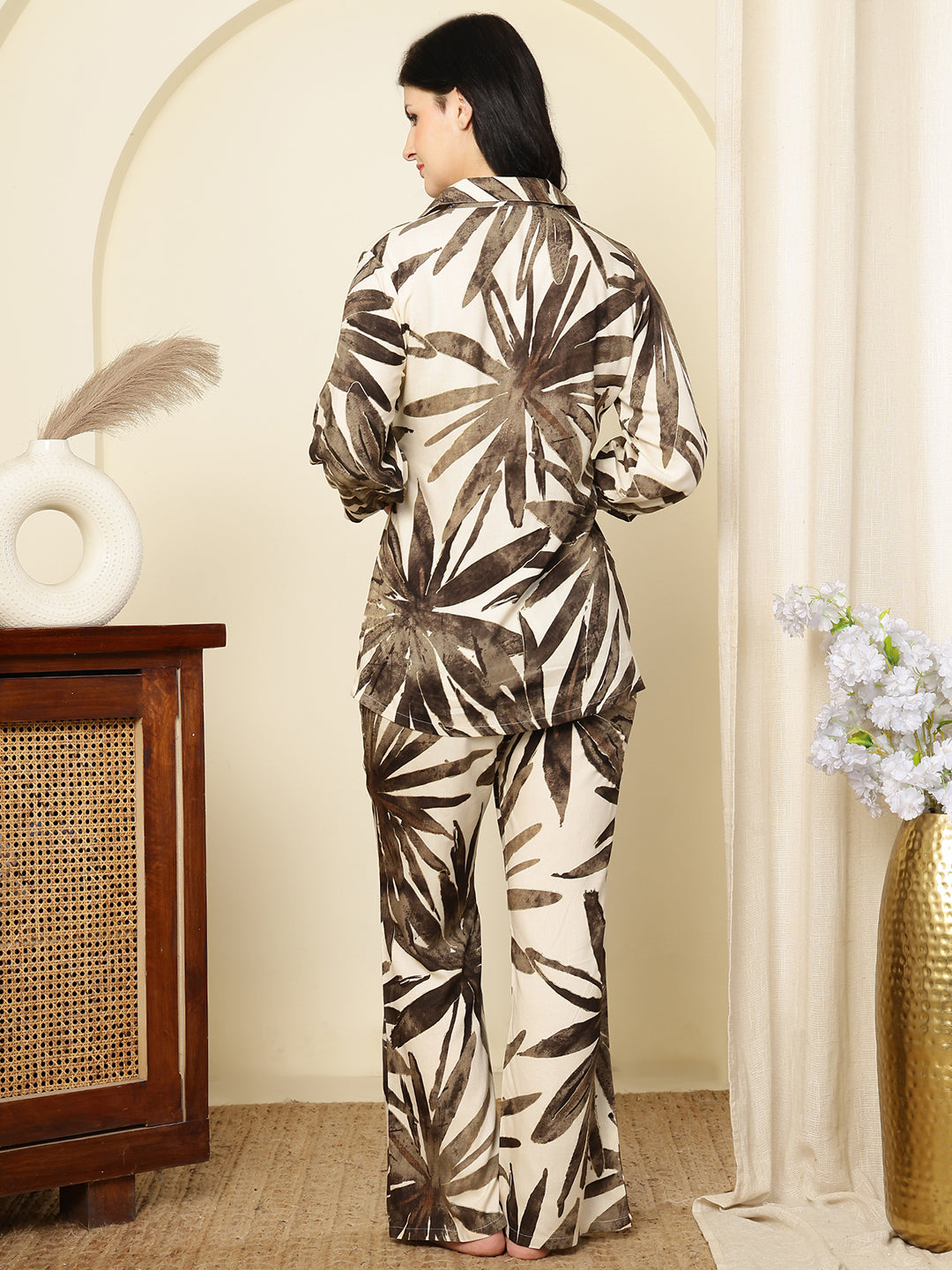 White Viscose Rayon Floral Printed Night Suit for Women | Claura