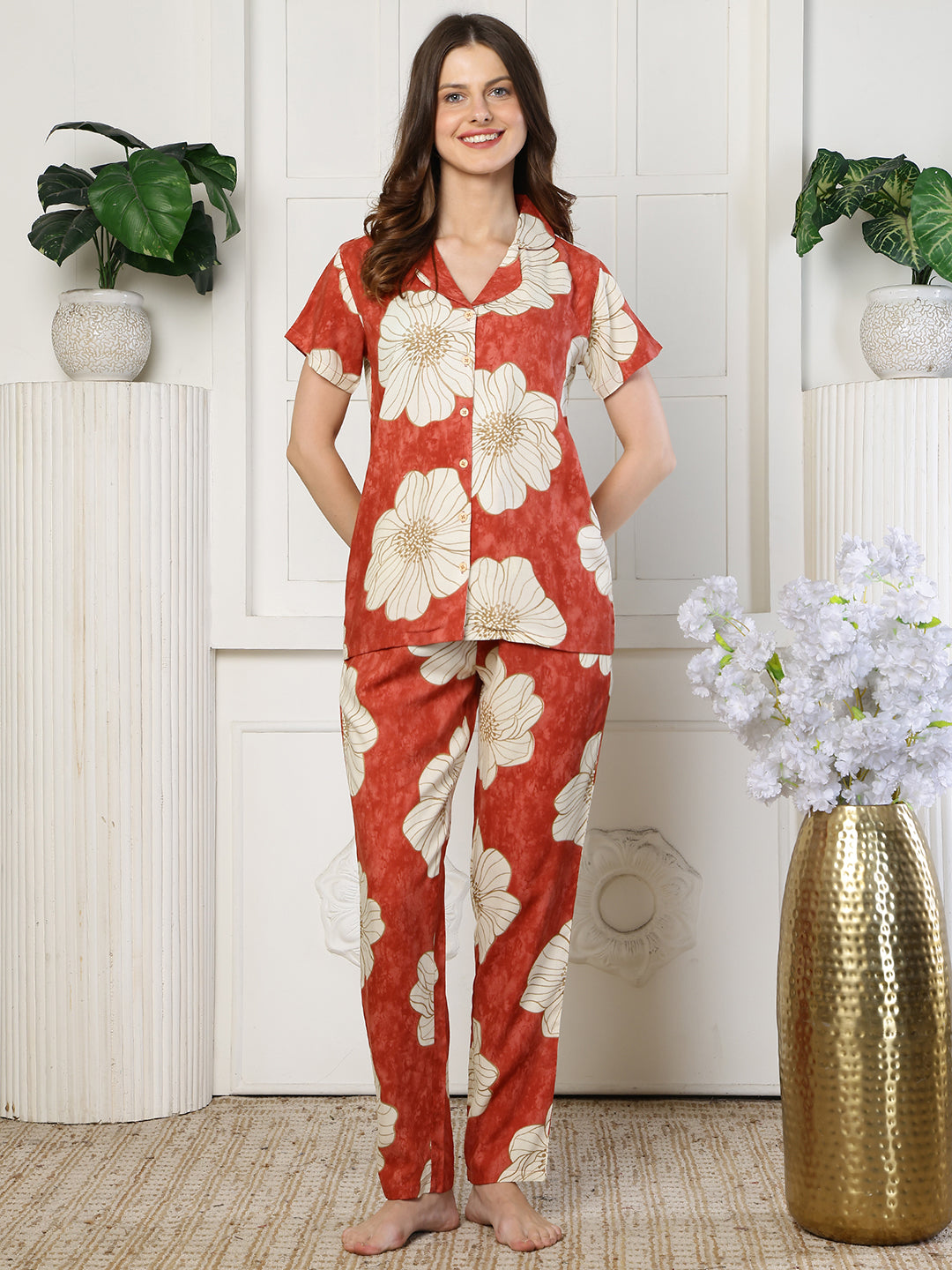 Night suit for women in red floral – rayon fabric | Claura