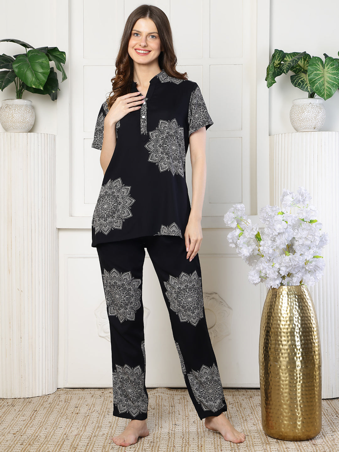 Black Color Abstract Printed Viscose Rayon Night Suit For Women | Claura