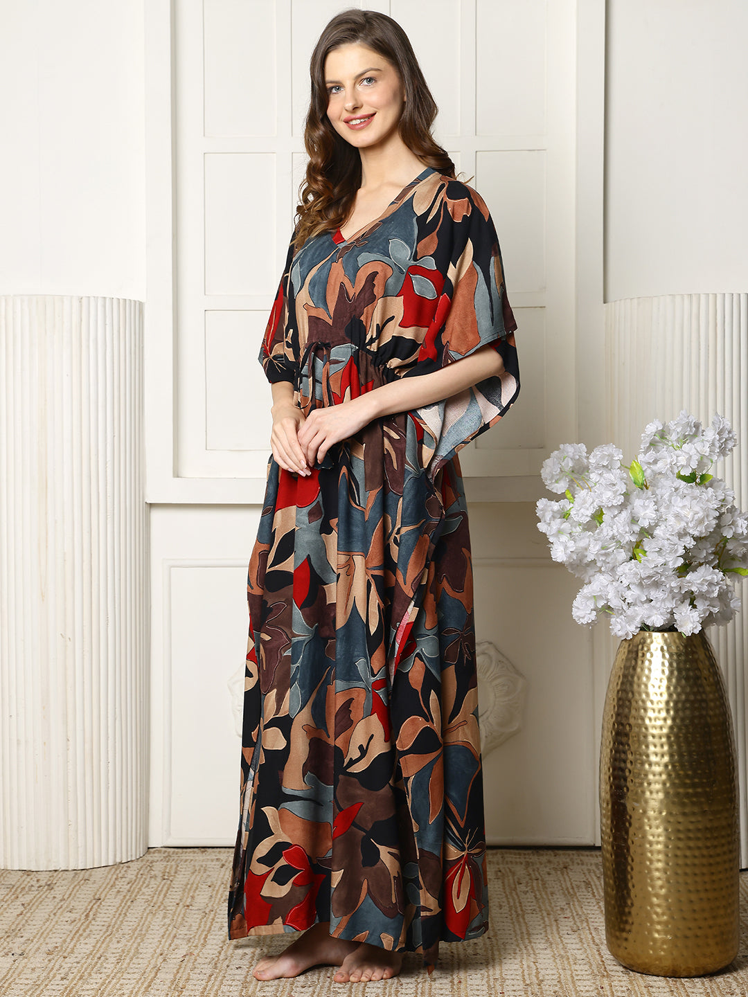 Black Color Abstract Printed Viscose Rayon Kaftan | Claura