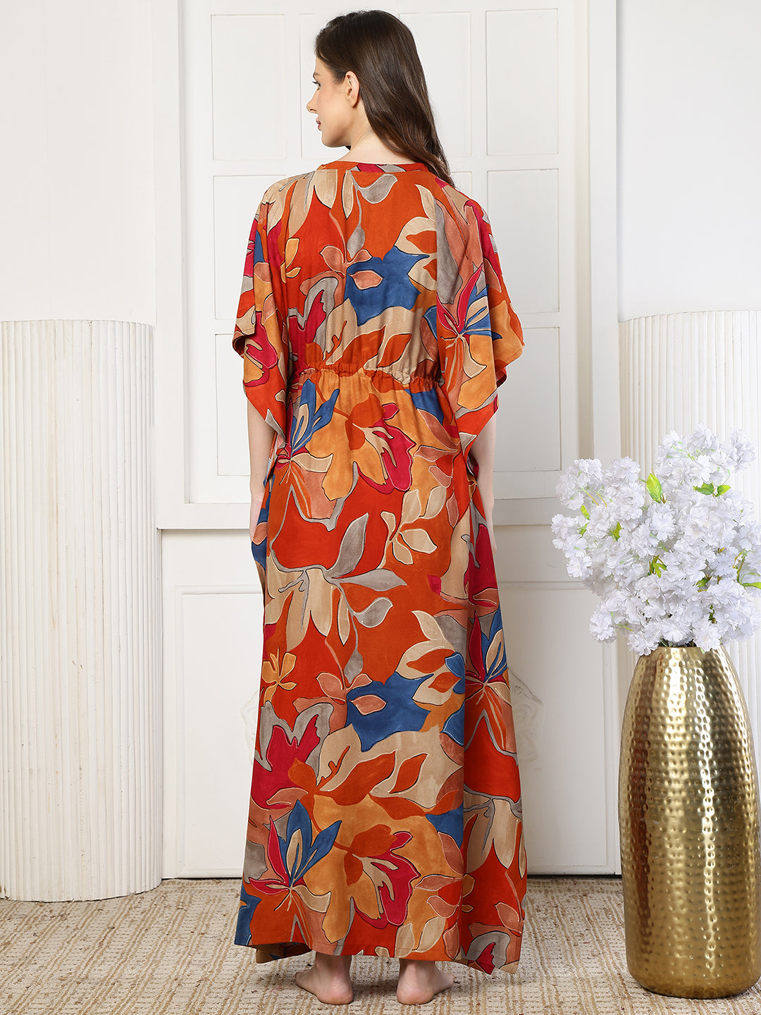 Orange Color Abstract Printed Viscose Rayon Kaftan | Claura