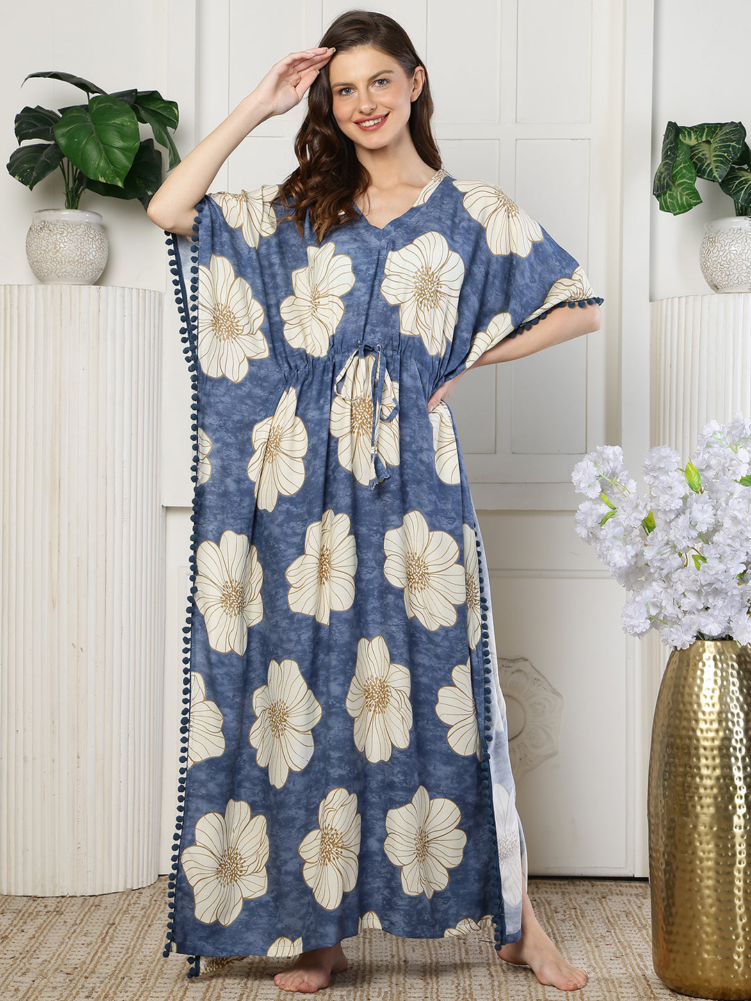 Blue Color Abstract Printed Viscose Rayon Kaftan | Claura