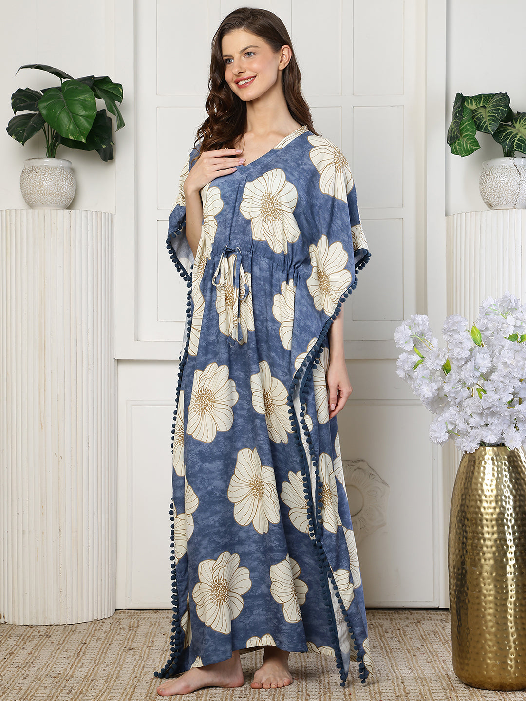 Blue Color Abstract Printed Viscose Rayon Kaftan | Claura