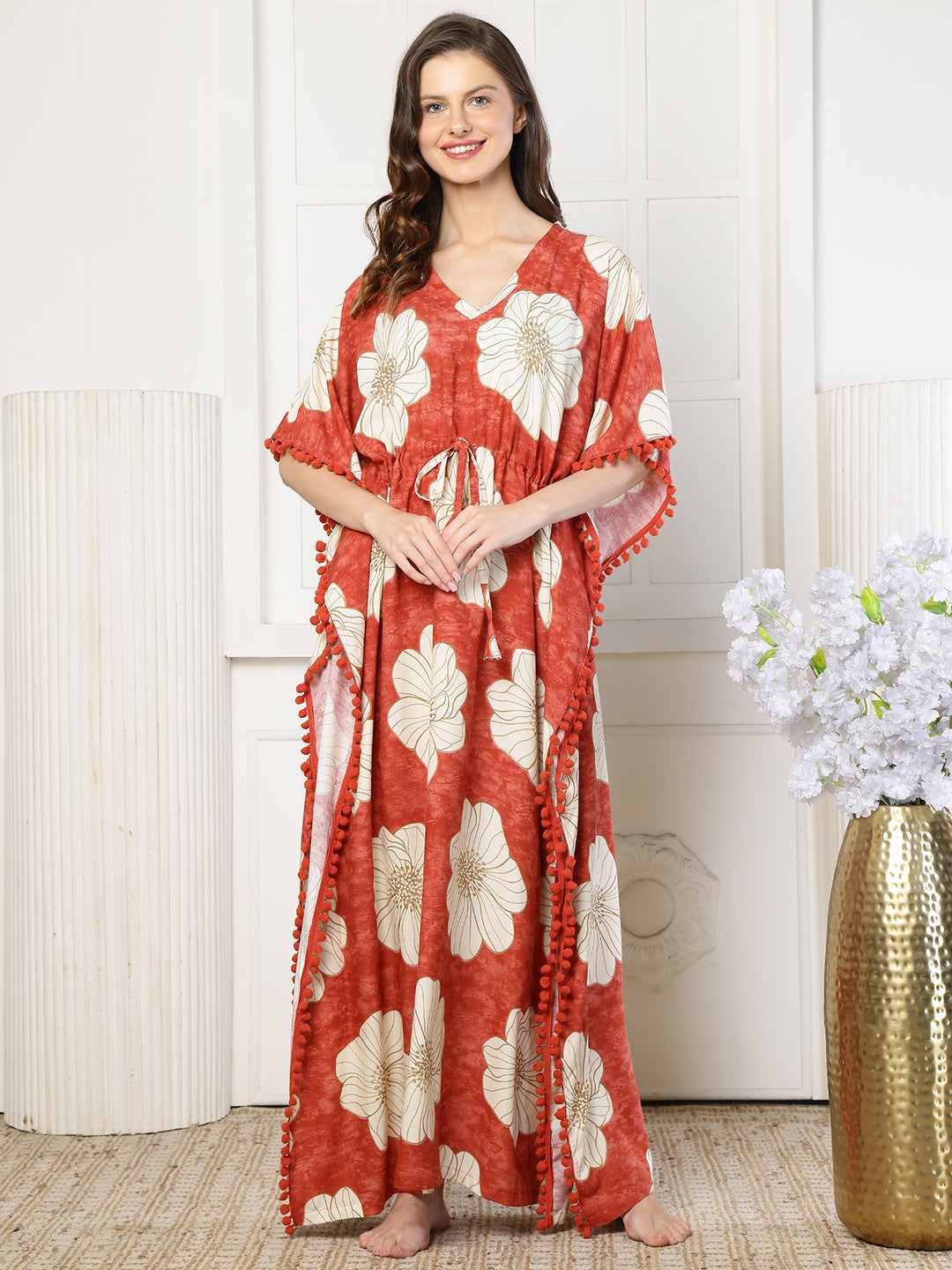 Red Color Floral Printed Viscose Rayon Kaftan | Claura