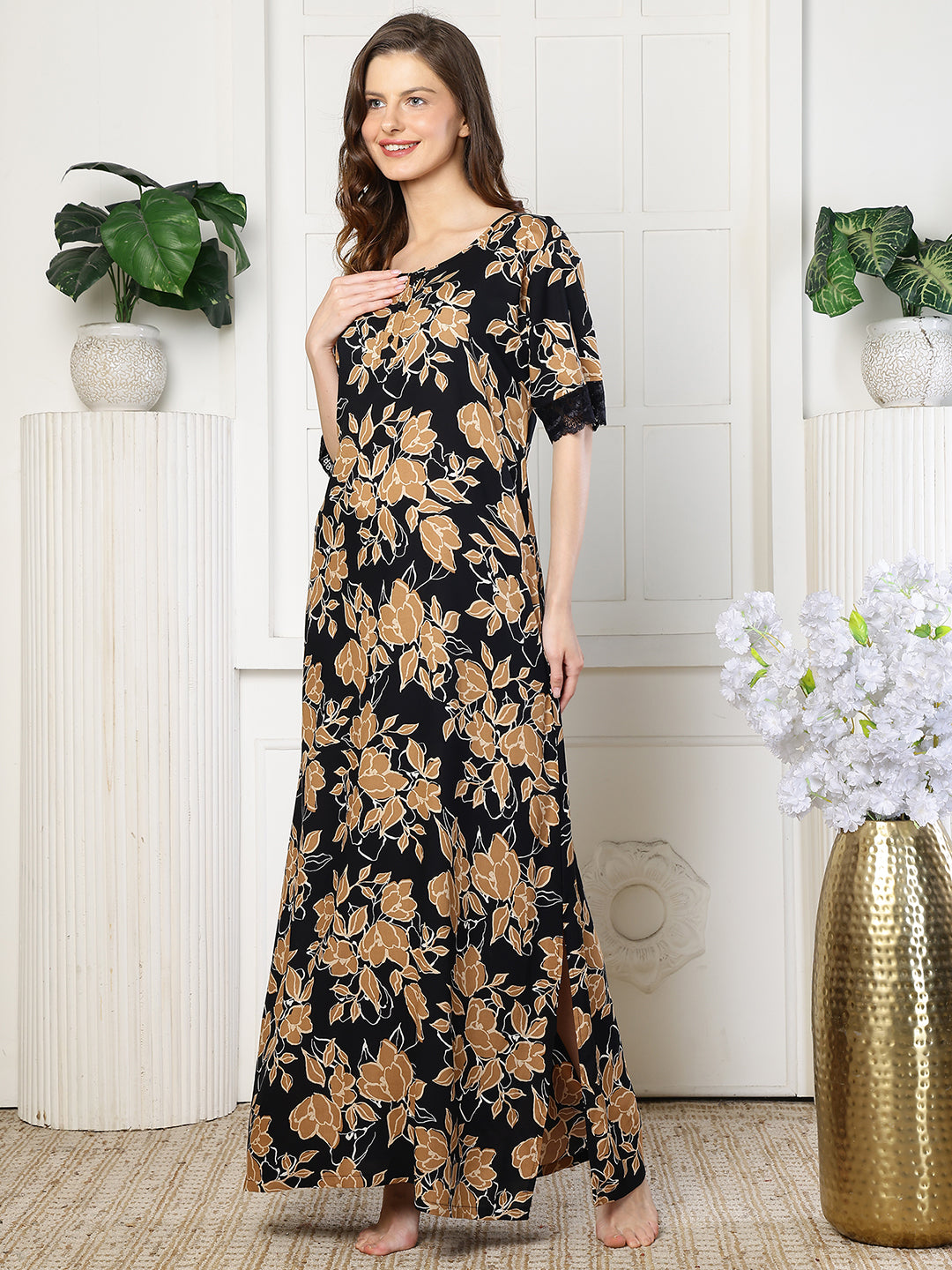 Black Color Abstract Printed Viscose Rayon Nighty | Claura