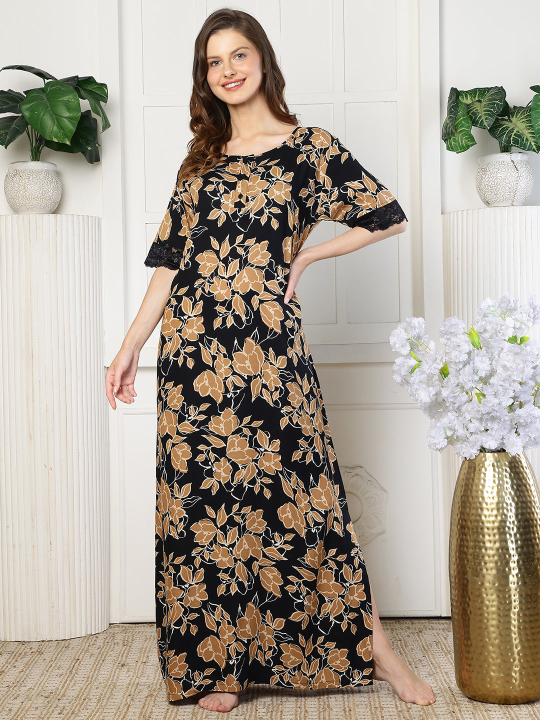 Black Color Abstract Printed Viscose Rayon Nighty | Claura