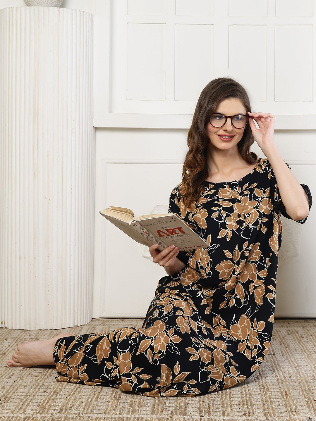Black Color Abstract Printed Viscose Rayon Nighty | Claura