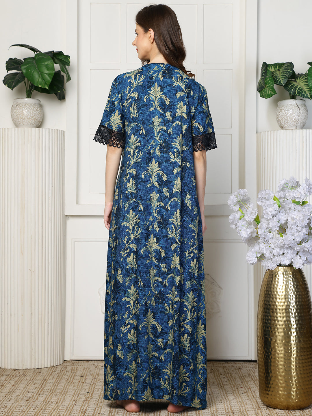Blue Color Abstract Printed Viscose Rayon Nighty | Claura